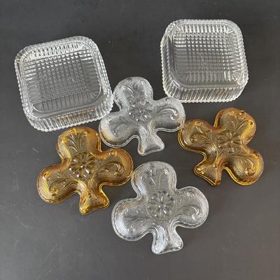 LOT 86: It's Good to Be Irish Collection: Nutcracker, Milk Glass Mugs, Clear & Amber Shamrock Trinket Dishes & More