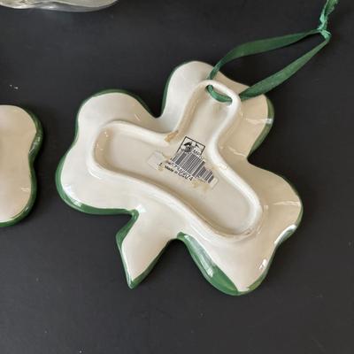 LOT 86: It's Good to Be Irish Collection: Nutcracker, Milk Glass Mugs, Clear & Amber Shamrock Trinket Dishes & More