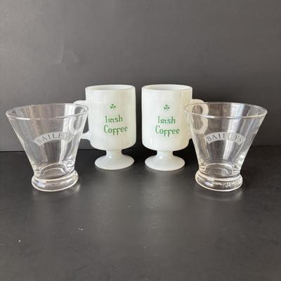 LOT 86: It's Good to Be Irish Collection: Nutcracker, Milk Glass Mugs, Clear & Amber Shamrock Trinket Dishes & More