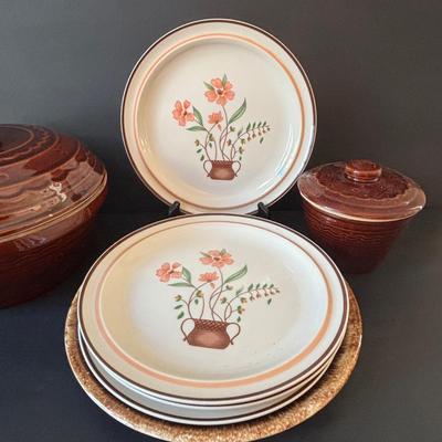 LOT 245: RRP Co Roseville Pottery Stoneware Crock, Hull Pottery Brown Drip Pottery Plate & Pitcher, Marcrest USA Pottery Brown Daisy...