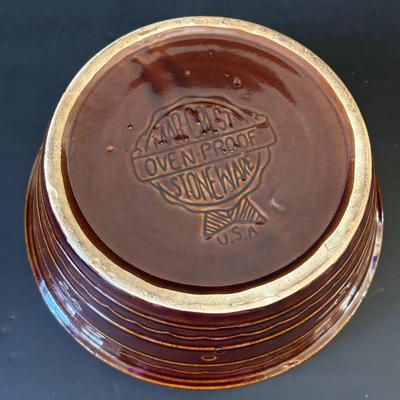 LOT 245: RRP Co Roseville Pottery Stoneware Crock, Hull Pottery Brown Drip Pottery Plate & Pitcher, Marcrest USA Pottery Brown Daisy...
