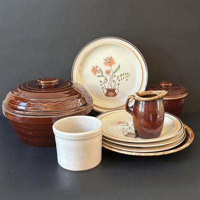 LOT 245: RRP Co Roseville Pottery Stoneware Crock, Hull Pottery Brown Drip Pottery Plate & Pitcher, Marcrest USA Pottery Brown Daisy...