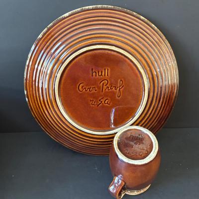 LOT 245: RRP Co Roseville Pottery Stoneware Crock, Hull Pottery Brown Drip Pottery Plate & Pitcher, Marcrest USA Pottery Brown Daisy...