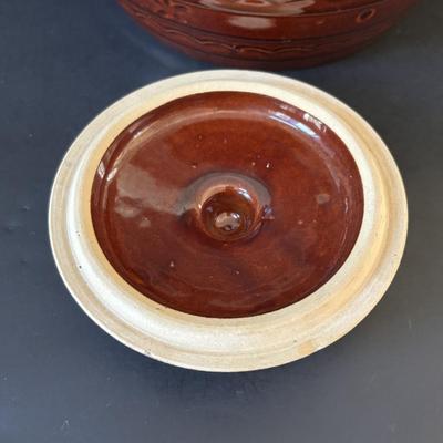 LOT 245: RRP Co Roseville Pottery Stoneware Crock, Hull Pottery Brown Drip Pottery Plate & Pitcher, Marcrest USA Pottery Brown Daisy...