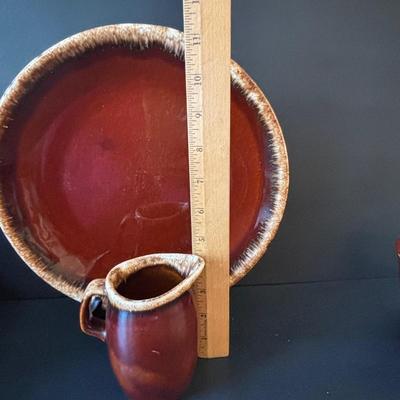 LOT 245: RRP Co Roseville Pottery Stoneware Crock, Hull Pottery Brown Drip Pottery Plate & Pitcher, Marcrest USA Pottery Brown Daisy...