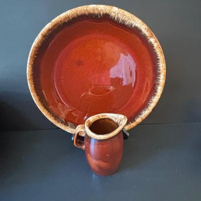 LOT 245: RRP Co Roseville Pottery Stoneware Crock, Hull Pottery Brown Drip Pottery Plate & Pitcher, Marcrest USA Pottery Brown Daisy...