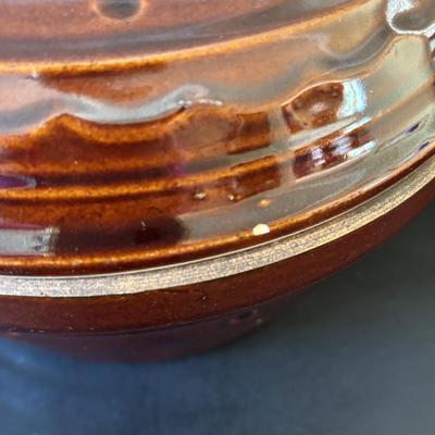 LOT 245: RRP Co Roseville Pottery Stoneware Crock, Hull Pottery Brown Drip Pottery Plate & Pitcher, Marcrest USA Pottery Brown Daisy...
