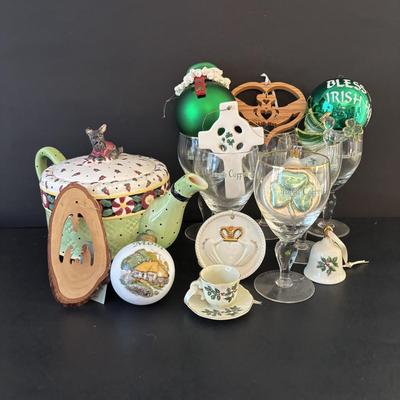 LOT 247: Collection of Irish Holiday Ornaments, Irish Coffee Stemware, Mary Engelbreit Scottie Dog Holiday Teapot