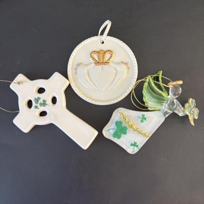 LOT 247: Collection of Irish Holiday Ornaments, Irish Coffee Stemware, Mary Engelbreit Scottie Dog Holiday Teapot