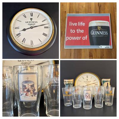 LOT 248: Guinness Collection: Wooden Clock, Pint Glasses and a Framed Poster