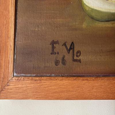 LOT 250: Vintage 1966 Still Life Painting, Milk Glass Bowl and Amber Glass Trinket Dish
