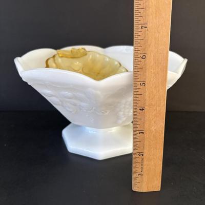 LOT 250: Vintage 1966 Still Life Painting, Milk Glass Bowl and Amber Glass Trinket Dish