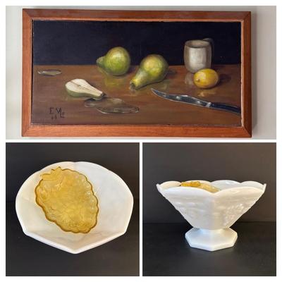 LOT 250: Vintage 1966 Still Life Painting, Milk Glass Bowl and Amber Glass Trinket Dish