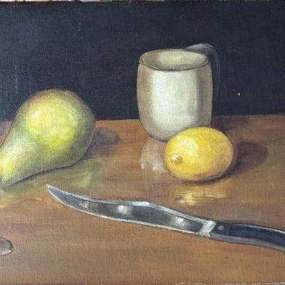 LOT 250: Vintage 1966 Still Life Painting, Milk Glass Bowl and Amber Glass Trinket Dish