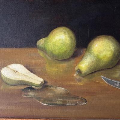 LOT 250: Vintage 1966 Still Life Painting, Milk Glass Bowl and Amber Glass Trinket Dish