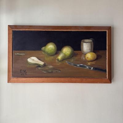 LOT 250: Vintage 1966 Still Life Painting, Milk Glass Bowl and Amber Glass Trinket Dish