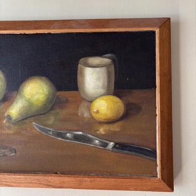 LOT 250: Vintage 1966 Still Life Painting, Milk Glass Bowl and Amber Glass Trinket Dish