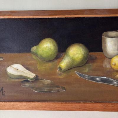 LOT 250: Vintage 1966 Still Life Painting, Milk Glass Bowl and Amber Glass Trinket Dish