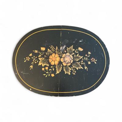 Sale Photo Thumbnail #5: L Hitchcock Stenciled Black And Gold Small  Oval Folding Table   Approximately 15.5" X 15.5"  Small chips of paint missing on top