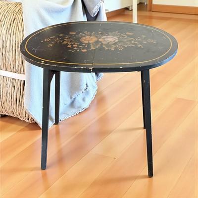 Sale Photo Thumbnail #7: L Hitchcock Stenciled Black And Gold Small  Oval Folding Table   Approximately 15.5" X 15.5"  Small chips of paint missing on top