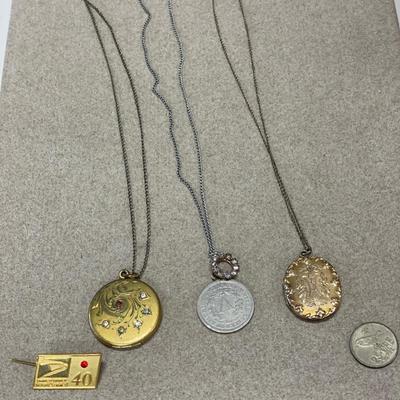 Gold filled pendants, coins and us post office pin