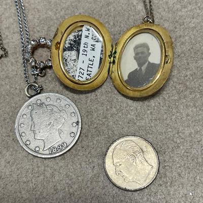 Gold filled pendants, coins and us post office pin
