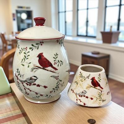 Sale Photo Thumbnail #180: Cardinal Cookie Jar and Candle Topper.  See Photo for small chip in the base of the cookie jar.