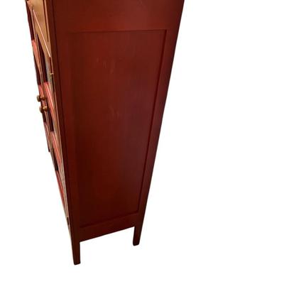 Sale Photo Thumbnail #196: Red and Natural Finish Pie Safe with Tin Inserts and Two Drawers By Southern Lifestyles
Approximately  40"X16"x54"  Three Shelves inside cabinet.