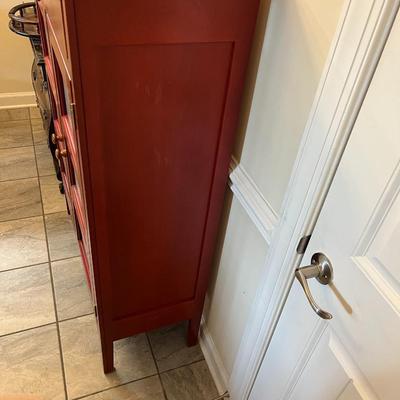 Sale Photo Thumbnail #198: Red and Natural Finish Pie Safe with Tin Inserts and Two Drawers By Southern Lifestyles
Approximately  40"X16"x54"  Three Shelves inside cabinet.