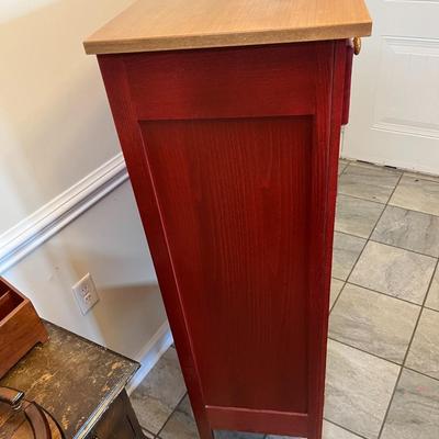 Sale Photo Thumbnail #199: Red and Natural Finish Pie Safe with Tin Inserts and Two Drawers By Southern Lifestyles
Approximately  40"X16"x54"  Three Shelves inside cabinet.