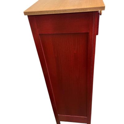 Sale Photo Thumbnail #197: Red and Natural Finish Pie Safe with Tin Inserts and Two Drawers By Southern Lifestyles
Approximately  40"X16"x54"  Three Shelves inside cabinet.