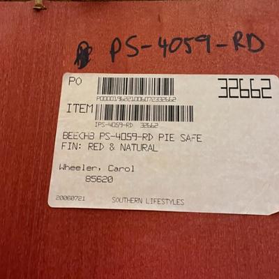 Sale Photo Thumbnail #201: Red and Natural Finish Pie Safe with Tin Inserts and Two Drawers By Southern Lifestyles
Approximately  40"X16"x54"  Three Shelves inside cabinet.