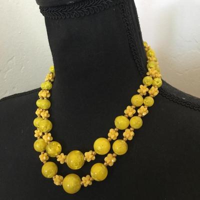 Vintage 50s Yellow bead, double strand statement, necklace