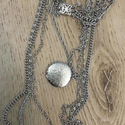Beautiful, vintage, silver toned, multistrand chain locket statement necklace