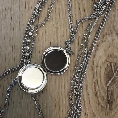 Beautiful, vintage, silver toned, multistrand chain locket statement necklace