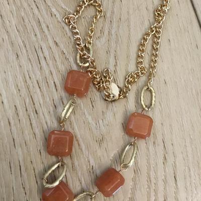 Beautiful vintage Square stone bead & satin gold, toned necklace