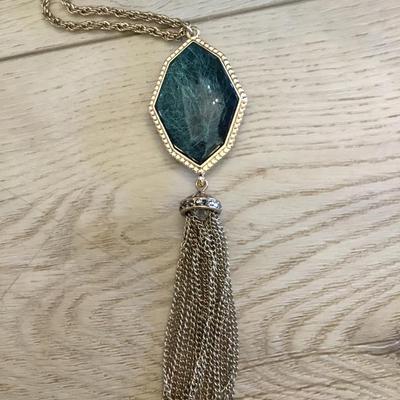 Very nice vintage gold tone and dark green rhinestone, tassel, statement, necklace faux stone
