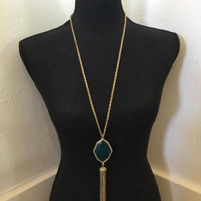 Very nice vintage gold tone and dark green rhinestone, tassel, statement, necklace faux stone