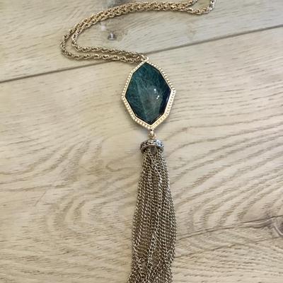 Very nice vintage gold tone and dark green rhinestone, tassel, statement, necklace faux stone