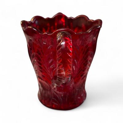 Sale Photo Thumbnail #244: Mosser Red  Inverted Thistle Glass Sugar Bowl with Double Handles  
Approximately 4"X4.5"