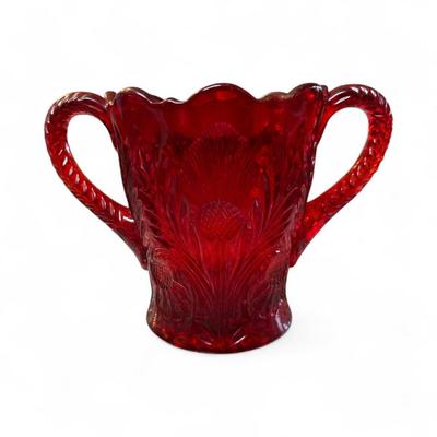 Sale Photo Thumbnail #245: Mosser Red  Inverted Thistle Glass Sugar Bowl with Double Handles  
Approximately 4"X4.5"