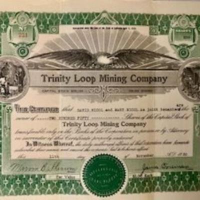 Four 1930 Stock Certificates Trinity Loop Mining Company