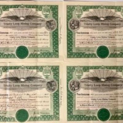 Four 1930 Stock Certificates Trinity Loop Mining Company