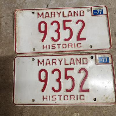 Vintage Pair Red Maryland Historic License Plates 9352