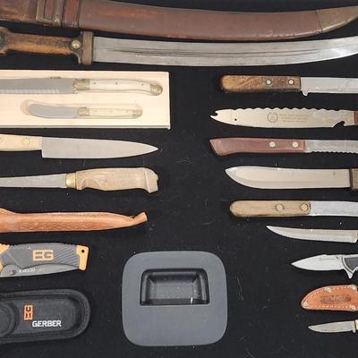 Sale Photo Thumbnail #29: Retro Knife Pocket Knife Dagger Kitchen lot Gerber Bear Grylls Folding Scout Knife & many more

Will receive all items pictured as is.