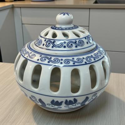 Sale Photo Thumbnail #293: Bombay Company Blue and White Potpourri Jar with Reticulated cut out design