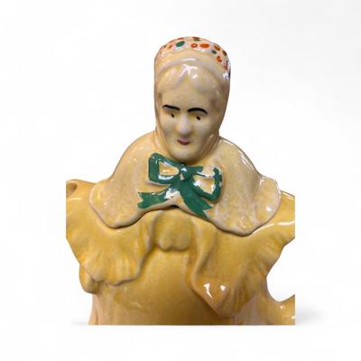 Sale Photo Thumbnail #295: Vintage "Little Old Lady"/"Grandmother" Teapot Made In England.  Slight Color Variation Between the lid and the base.  Paint missing on the green bow.
Approximately 8.5" Tall