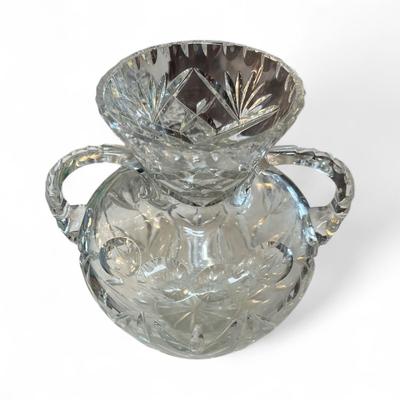 Sale Photo Thumbnail #324: Cut Glass Pattern Double Handle Pitcher.   Approximately 8.5" Tall