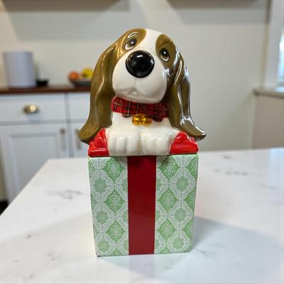Sale Photo Thumbnail #328: Pioneer Woman Charlie Dog Christmas Present Ceramic Cookie Jar.  There is a paint flaw in the red paint on the bottom piece