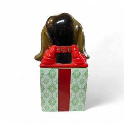Sale Photo Thumbnail #327: Pioneer Woman Charlie Dog Christmas Present Ceramic Cookie Jar.  There is a paint flaw in the red paint on the bottom piece